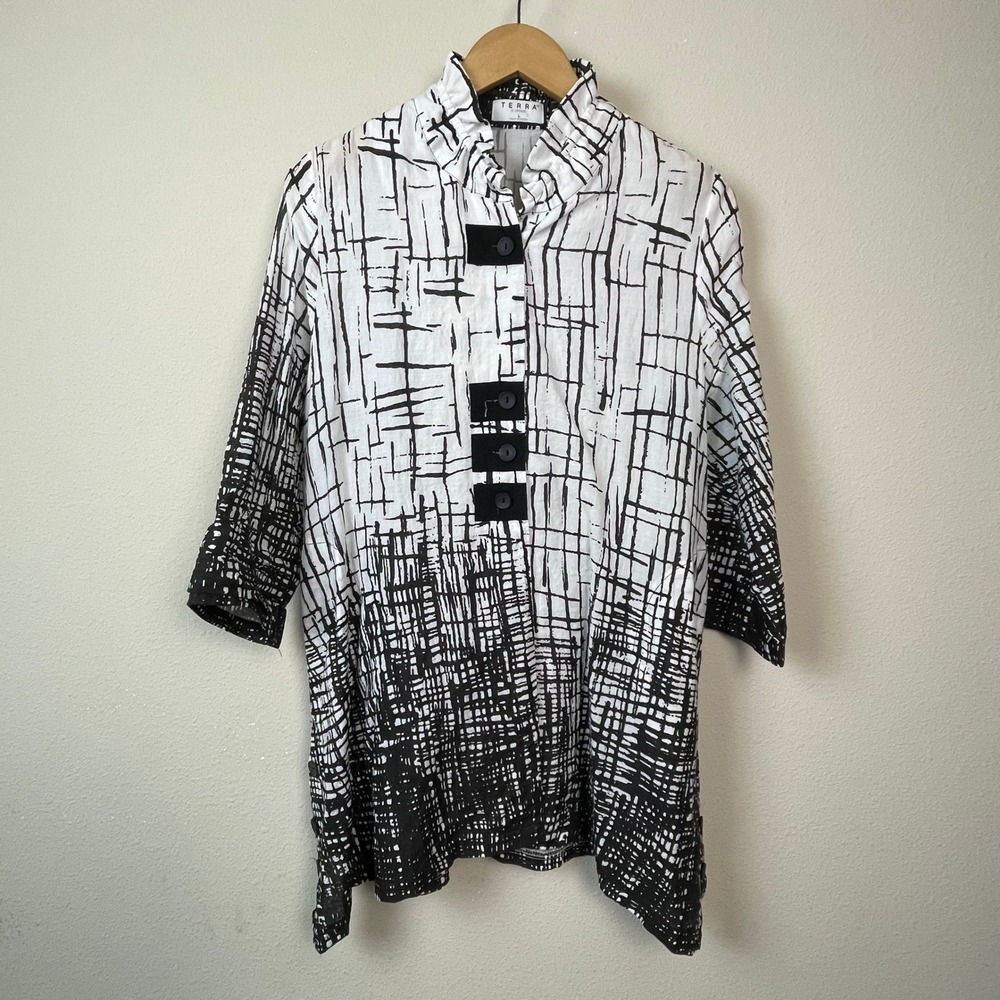 Terra SJ Apparel Tunic Women L Black‎ White Abstract Cotton Blend Lagenook Artsy